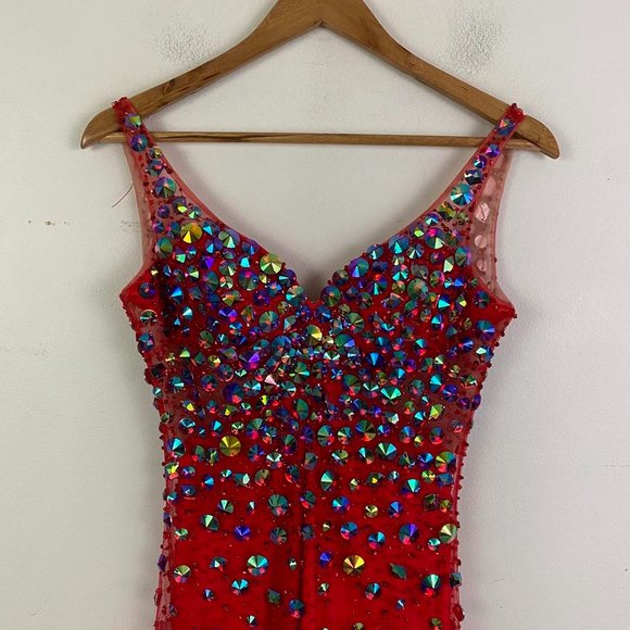 MORI LEE red beaded v neck formal maxi dress - Picture 3 of 7